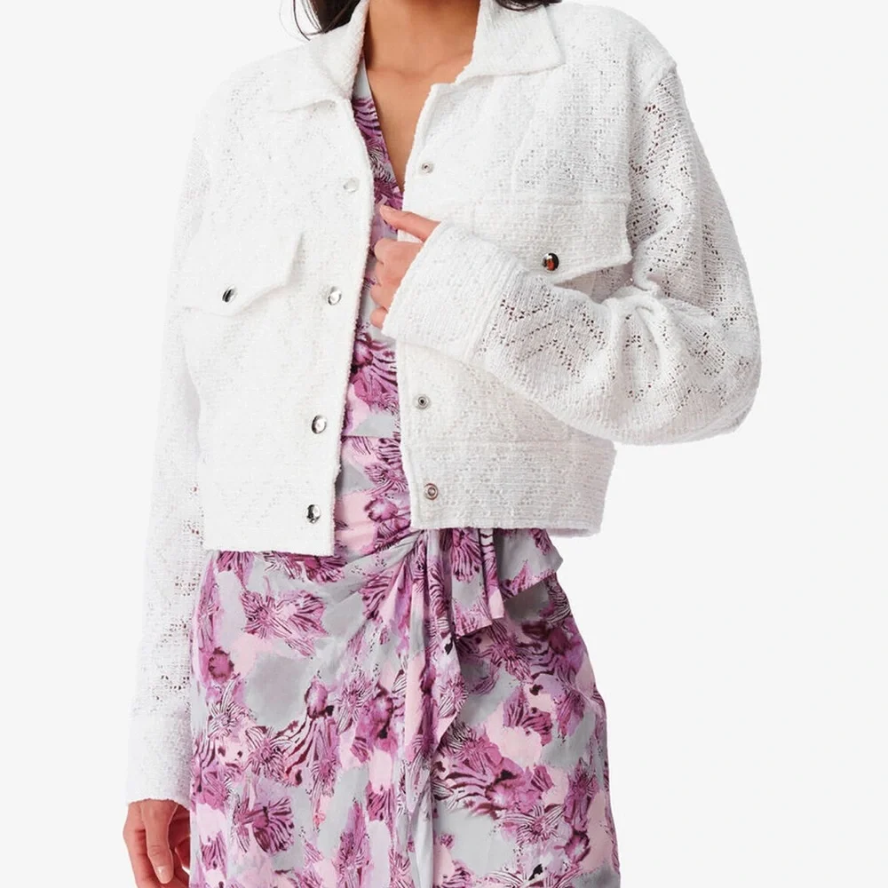Iro Uliana Crochet Crispy White Snap Button Front Denim Style Jacket Size 36/4